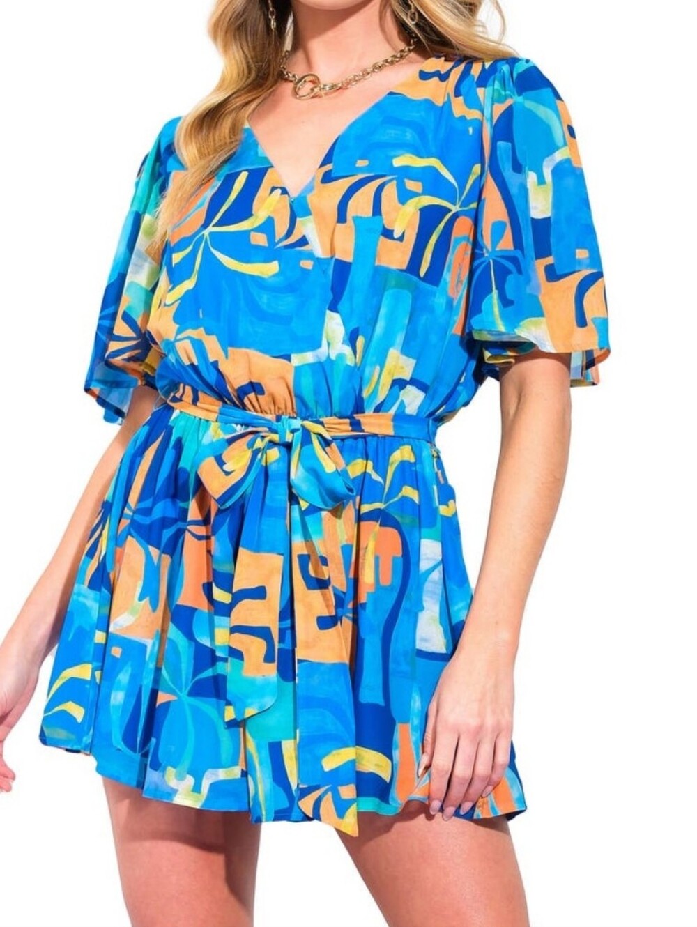 FLYING TOMATO Abstract Vibrant Blue & Orange V-Neck Tie-Waist Romper